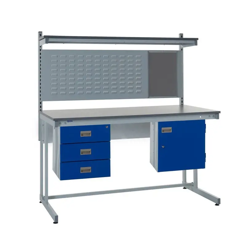Cantilever Workbench With Drawers, Louvre Panel & Overhead Shelf 1