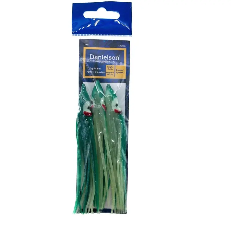 Danielson Glow/Green Squid Bait – 4.5", Pack Of 3 1