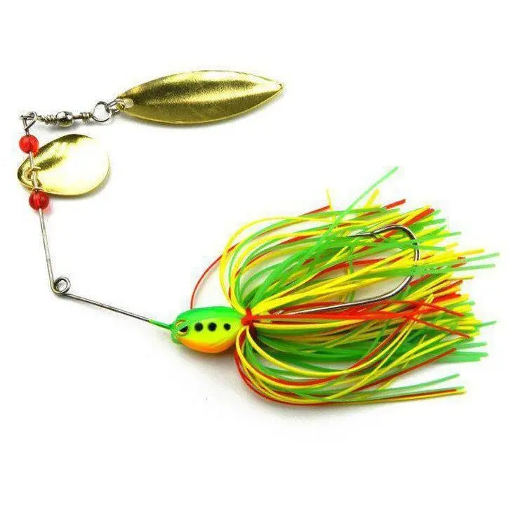 Fas Tandem Blade Spinnerbait – 1.8", 1/2 Oz, Yellow-Green-Red Skirt With Rainbow Head 1