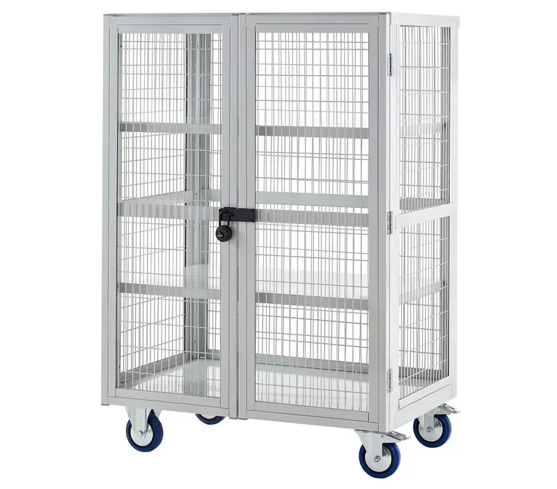 Lockable Steel Cage Trolley With Adjustable Shelves For Secure Transport 1
