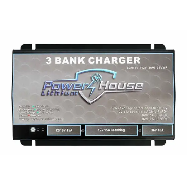 Powerhouse Lithium 3-Bank Waterproof Charger Supporting 12V / (12V Or 16V) / 36V 1