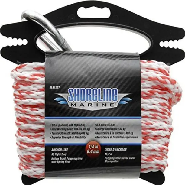 Shoreline Marine Heavy-Duty Polypropylene Anchor Rope – 1/4 Inch By 50 Feet, White And Red 1