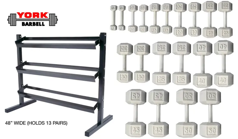 York Canada Hex Dumbbell Set (5–50 Lbs) With 3-Tier Deluxe Rack 1
