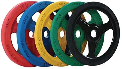 York Commercial-Grade Bumper Plates – Color-Coded Rubber Grip Design 1